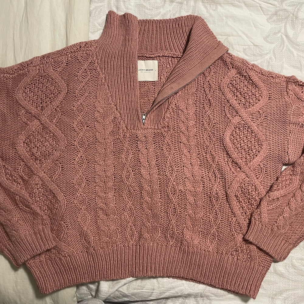 Lucky Brand blush pink cable knit sweater with zip up